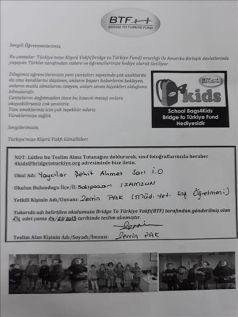 BTF Metro NY-NJ-CT - Individual Donor-SAMSUN -Yaycılar Şehit Ahmet Sarı İlkokulu 